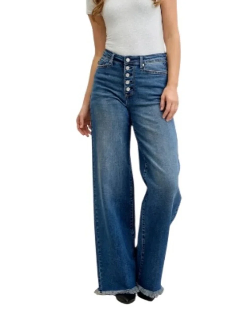 Judy Blue Column High-Rise Wide Leg Button-Fly Fray Hem Jeans-NWT